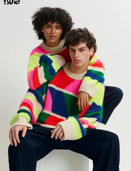 Multicolor geometric intarsia-knitted sweater