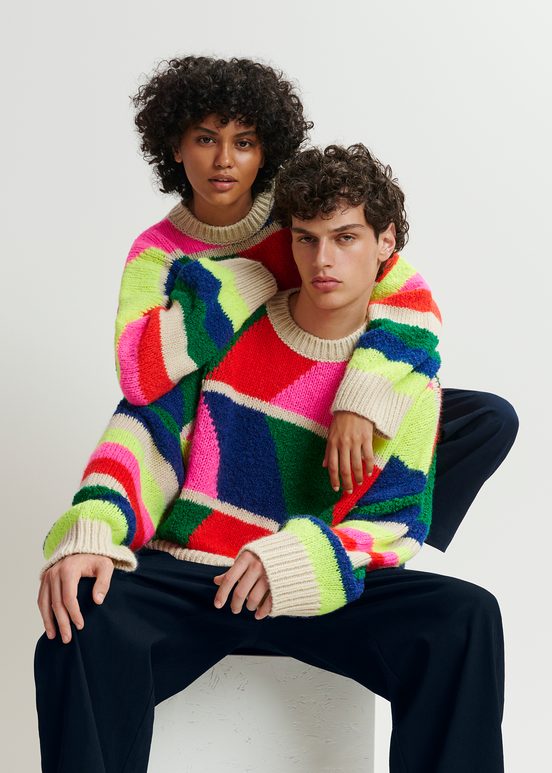 Multicolor geometric intarsia-knitted sweater