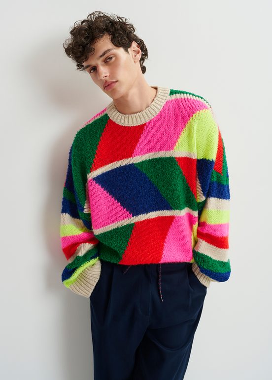 Multicolor geometric intarsia-knitted sweater