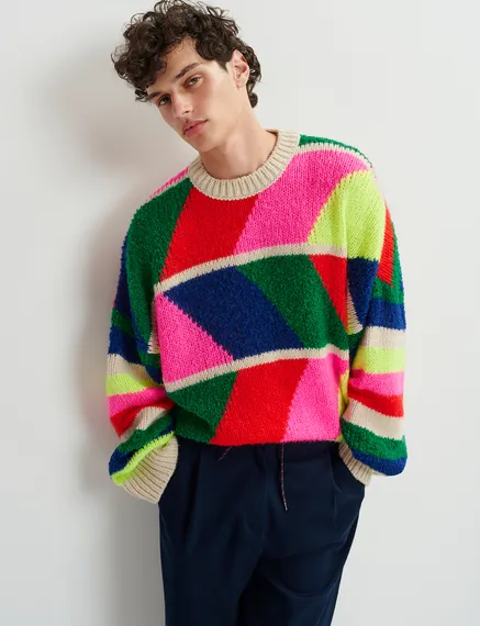 Multicolor geometric intarsia-knitted sweater