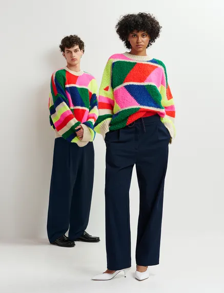 Multicolor geometric intarsia-knitted sweater