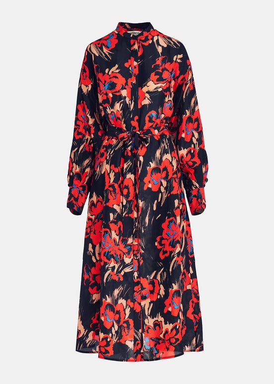 Black maxi-length silk dress with floral print