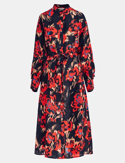 Black maxi-length silk dress with floral print