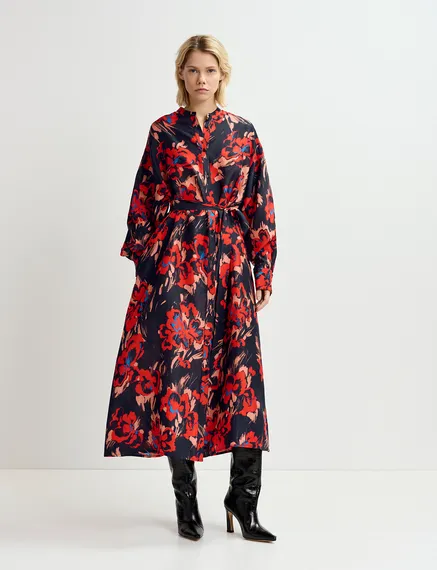 Robe maxi en soie noire à imprimé fleuri