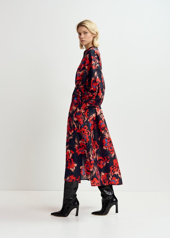 Black maxi-length silk dress with floral print