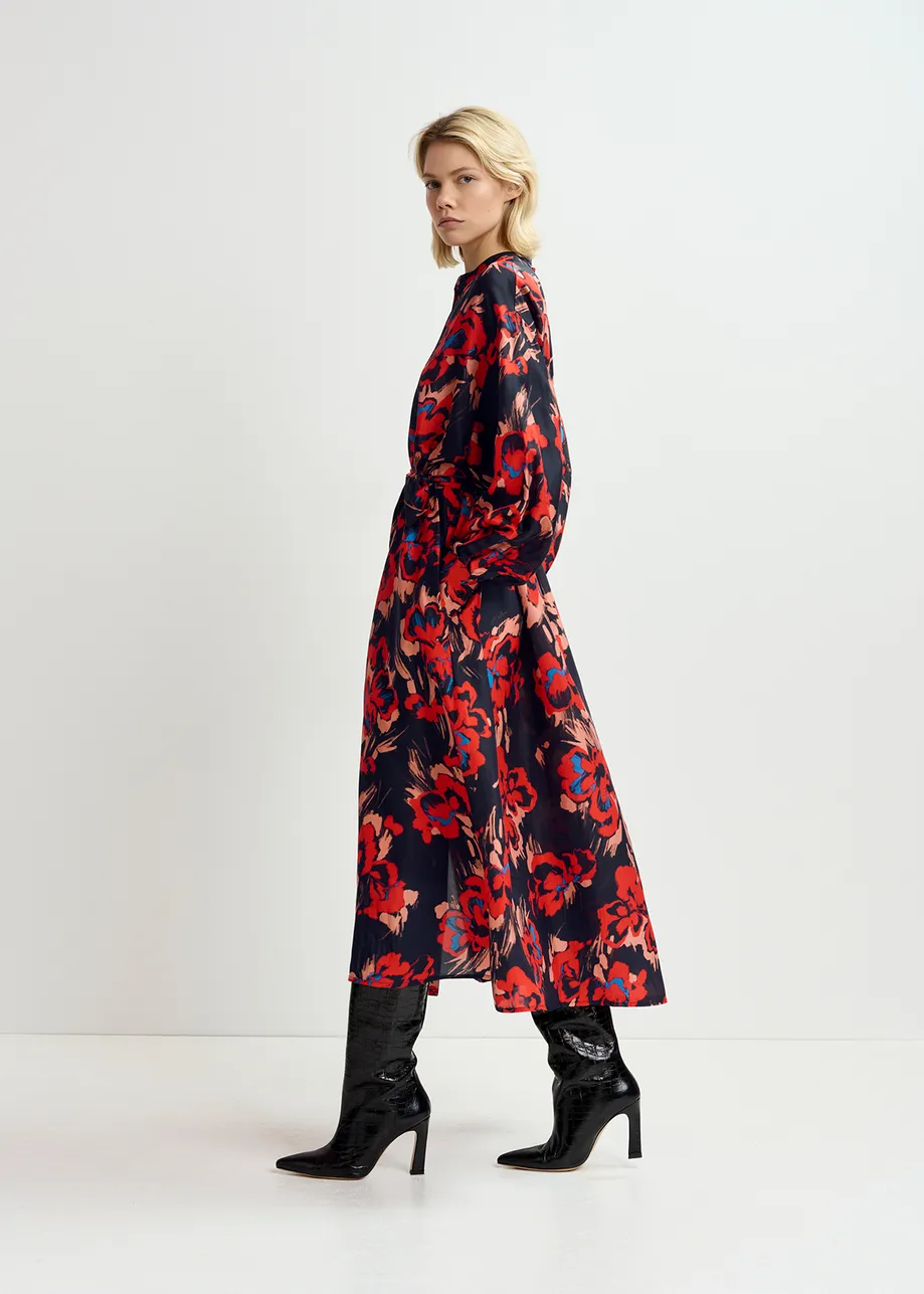 Black maxi-length silk dress with floral print