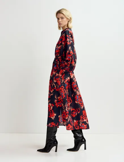 Black maxi-length silk dress with floral print