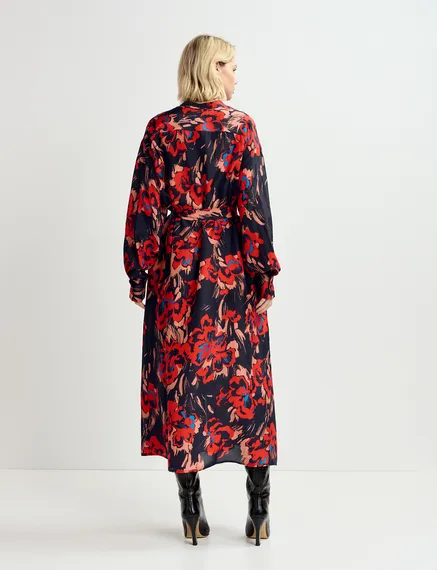 Zwarte zijden maxi-jurk met bloemenprint