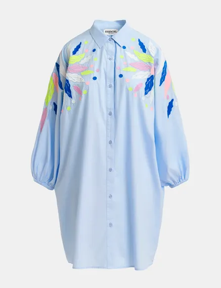 Light blue cotton shirt dress with embroideries