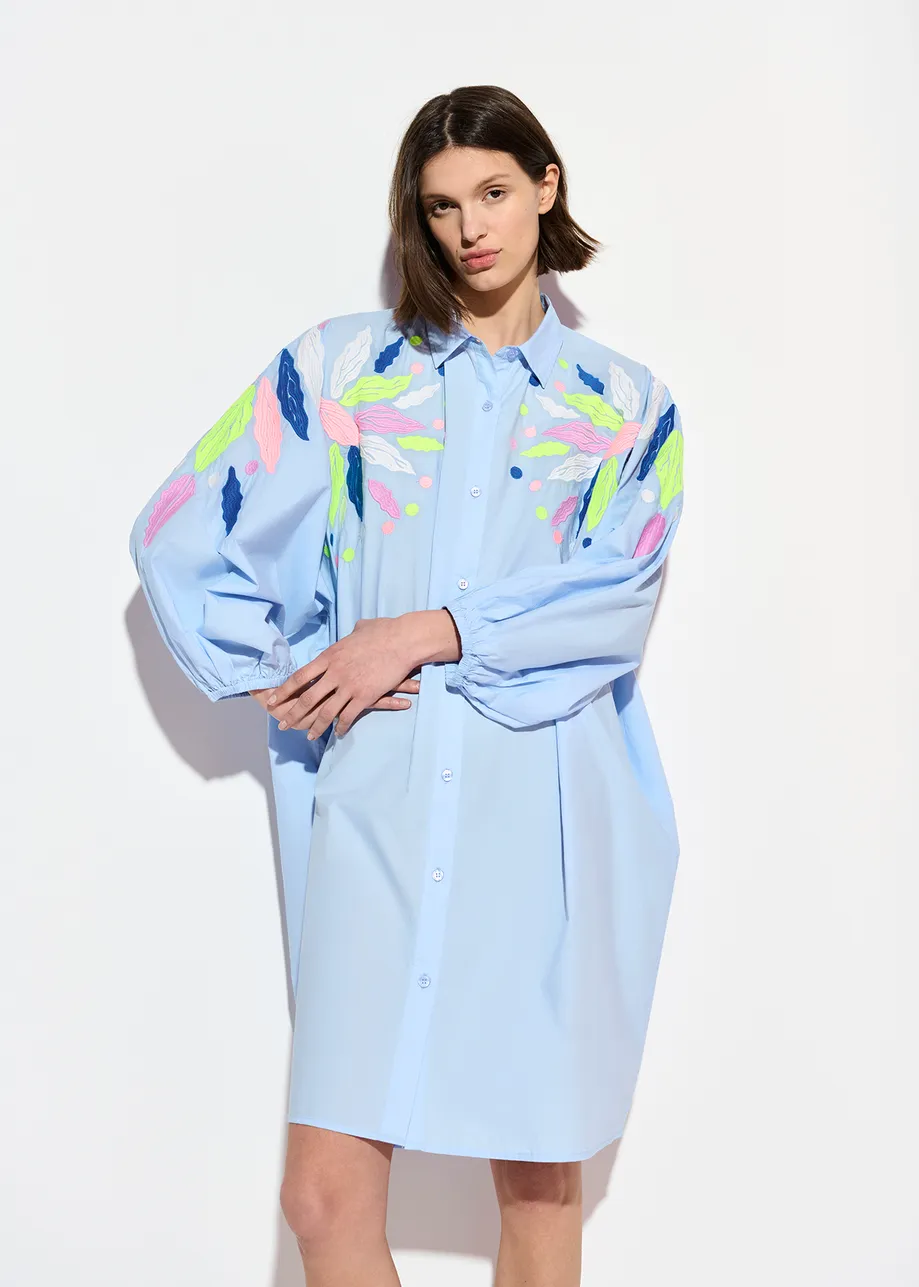 Light blue cotton shirt dress with embroideries