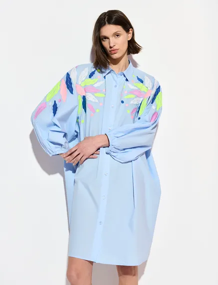 Light blue cotton shirt dress with embroideries