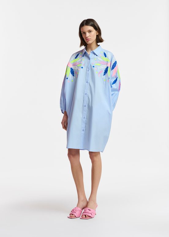 Light blue cotton shirt dress with embroideries