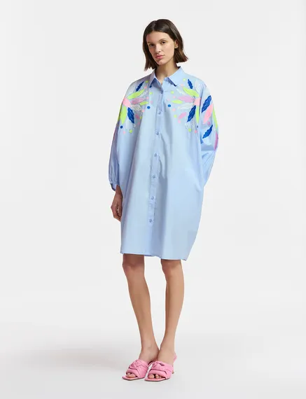 Light blue cotton shirt dress with embroideries