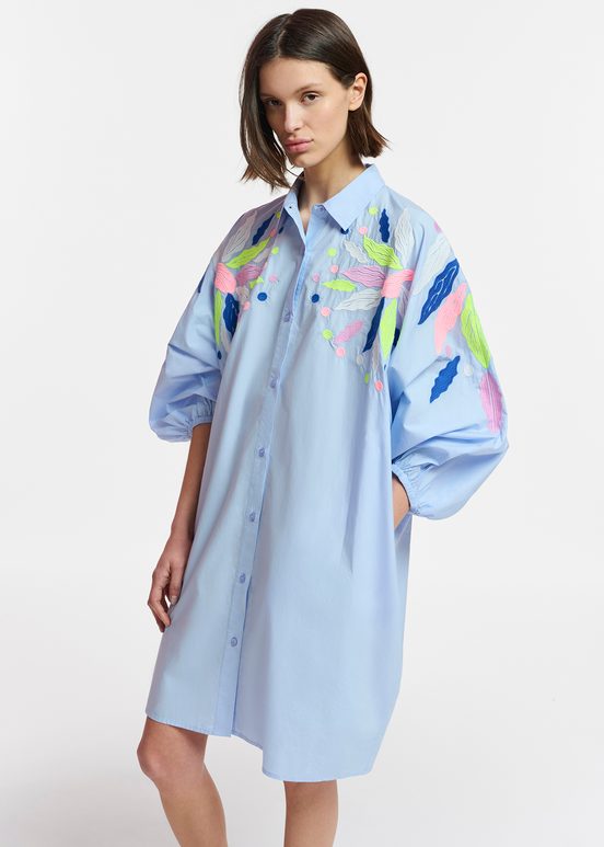 Light blue cotton shirt dress with embroideries