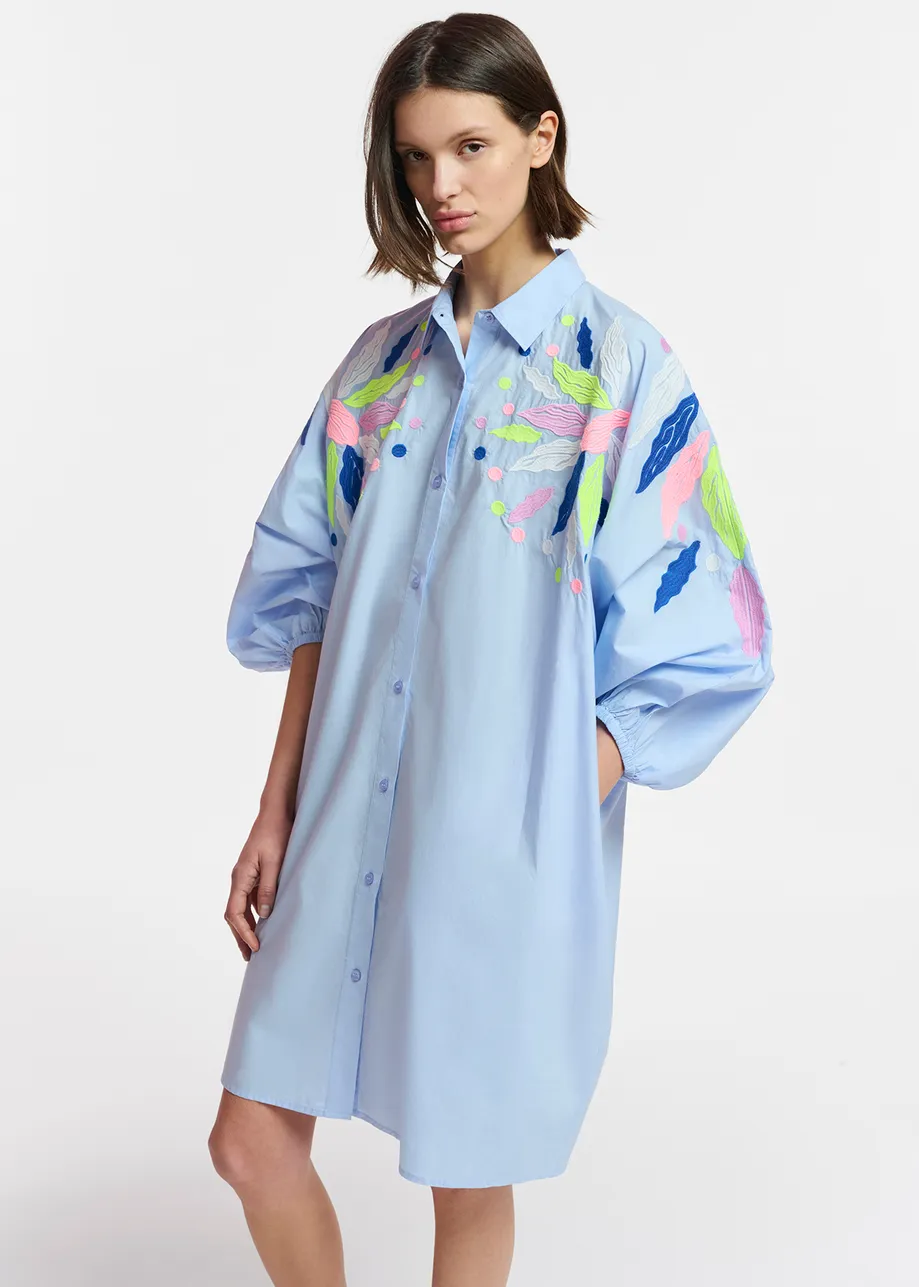 Light blue cotton shirt dress with embroideries