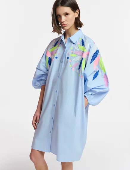 Light blue cotton shirt dress with embroideries