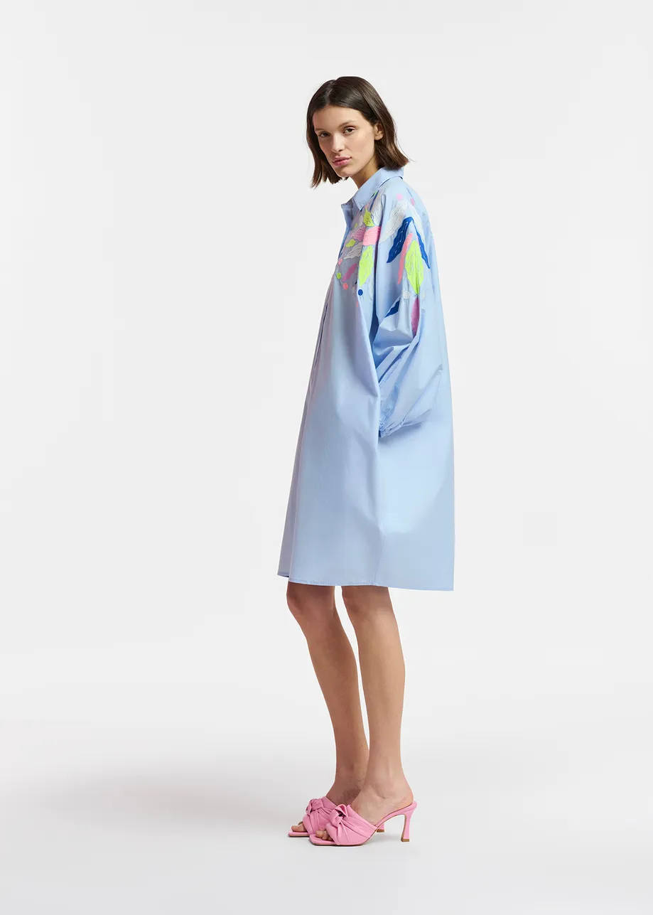 Light blue cotton shirt dress with embroideries