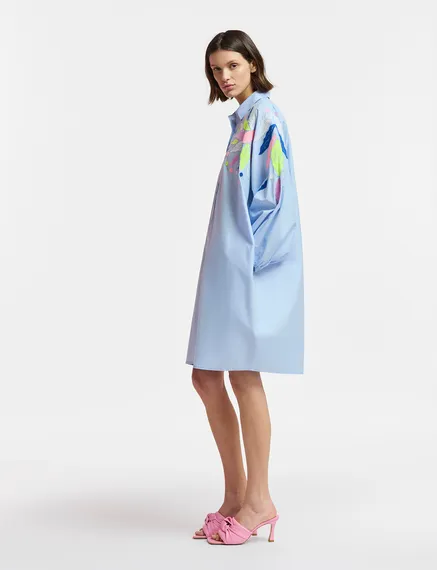 Light blue cotton shirt dress with embroideries