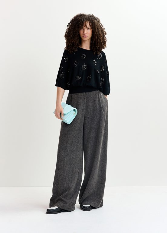 Black herringbone wide-leg pants