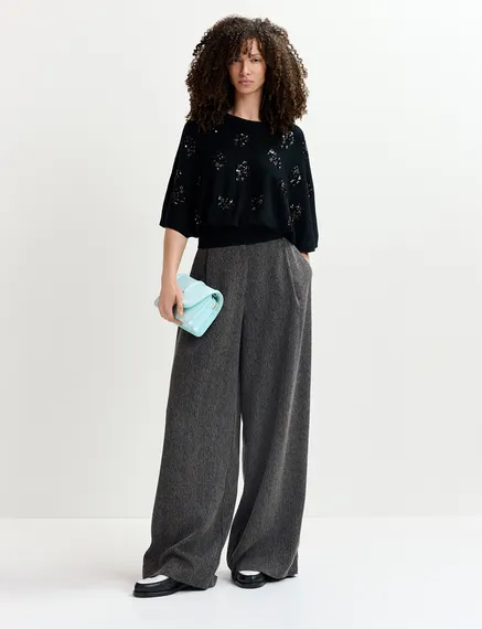 Black herringbone wide-leg pants