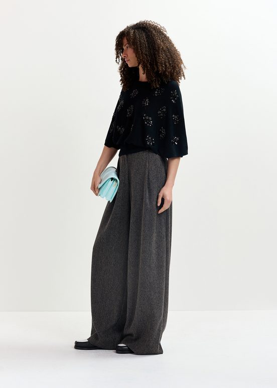 Black herringbone wide-leg pants