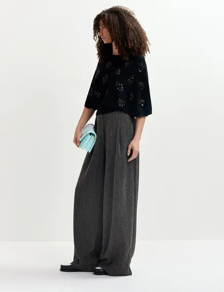 Black herringbone wide-leg pants