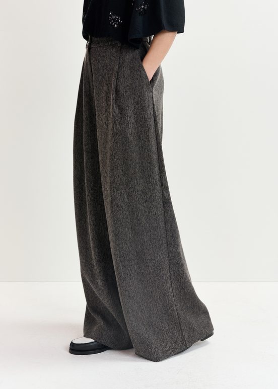 Black herringbone wide-leg pants