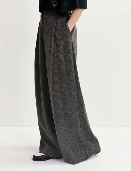 Black herringbone wide-leg pants