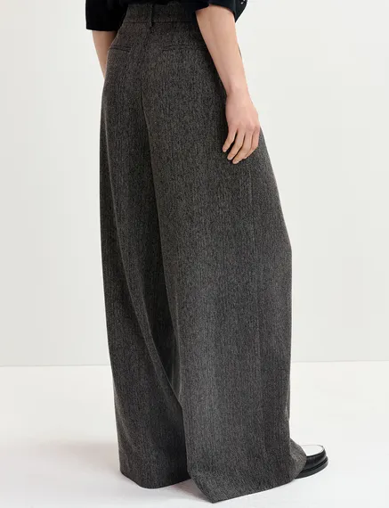 Black herringbone wide-leg pants