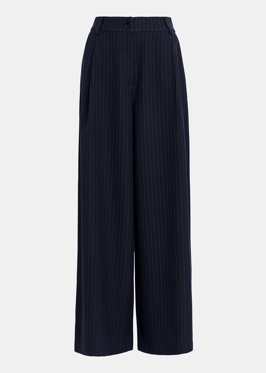 Navy blue pinstriped wide-leg pants