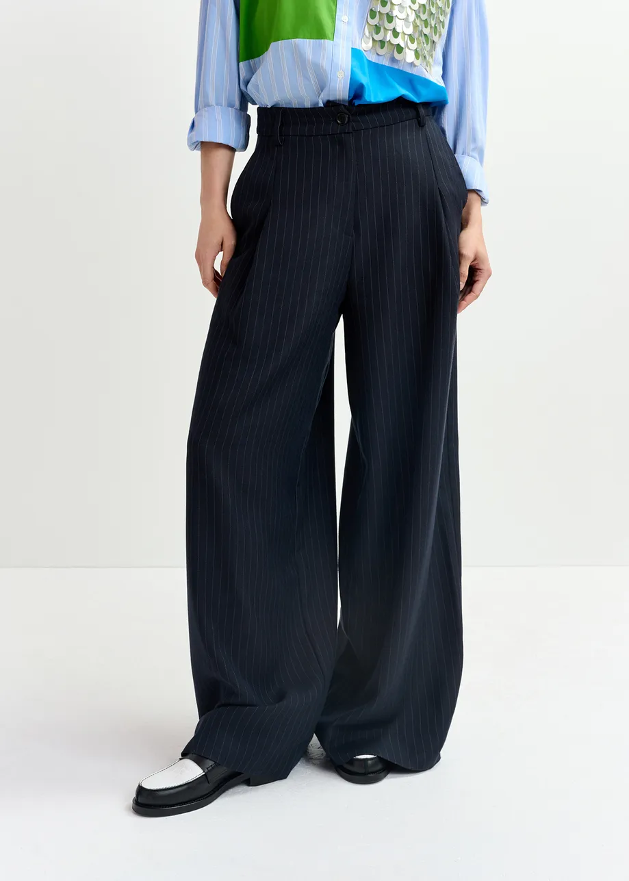 Navy blue pinstriped wide-leg pants