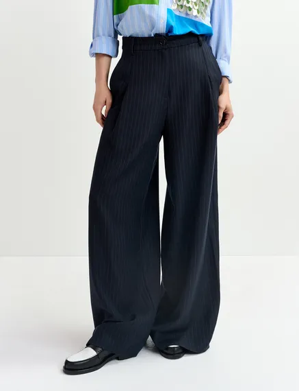 Navy blue pinstriped wide-leg pants