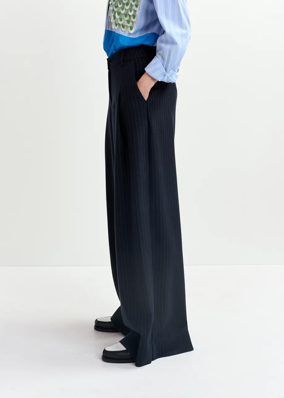 Navy blue pinstriped wide-leg pants