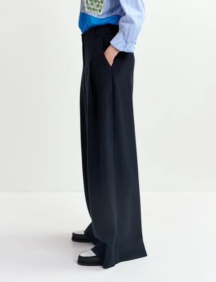 Navy blue pinstriped wide-leg pants