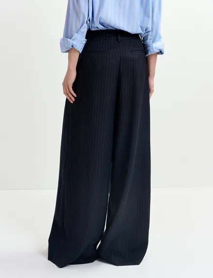 Navy blue pinstriped wide-leg pants