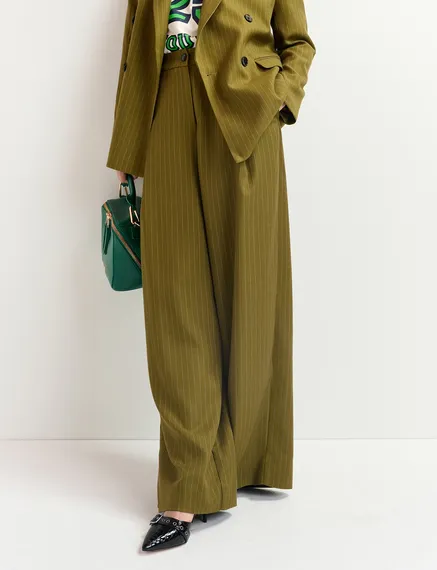 Khaki pinstriped wide-leg pants