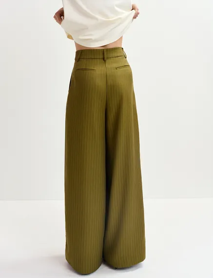 Khaki pinstriped wide-leg pants