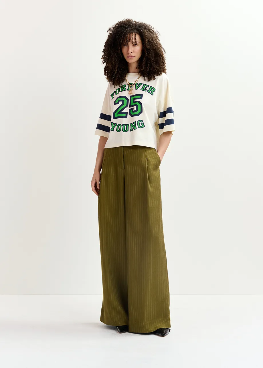 Khaki pinstriped wide-leg pants