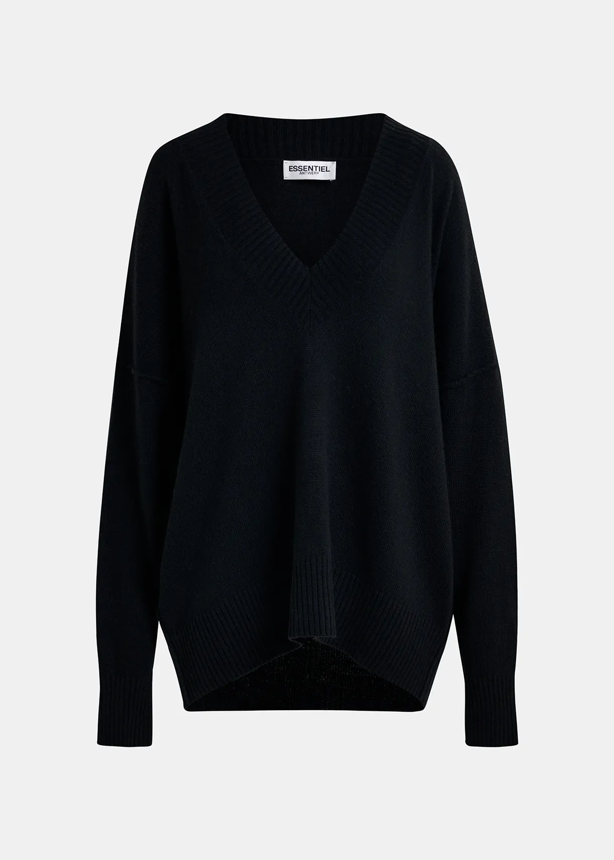 Black oversized V-neck knit sweater Essentiel Antwerp United Kingdom