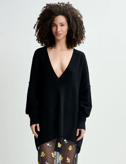 Pull en maille oversize noir à col en V