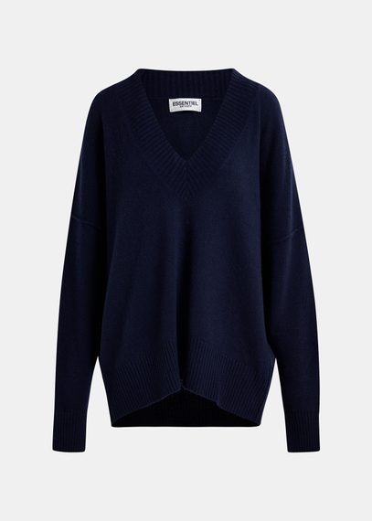 Navy blue oversized V-neck knit sweater