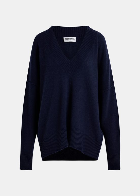 Navy blue oversized V-neck knit sweater