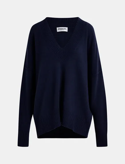 Navy blue oversized V-neck knit sweater