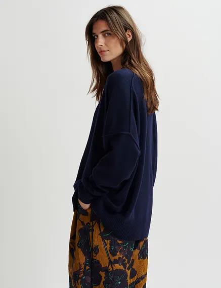 Marineblauwe oversized trui met V-hals