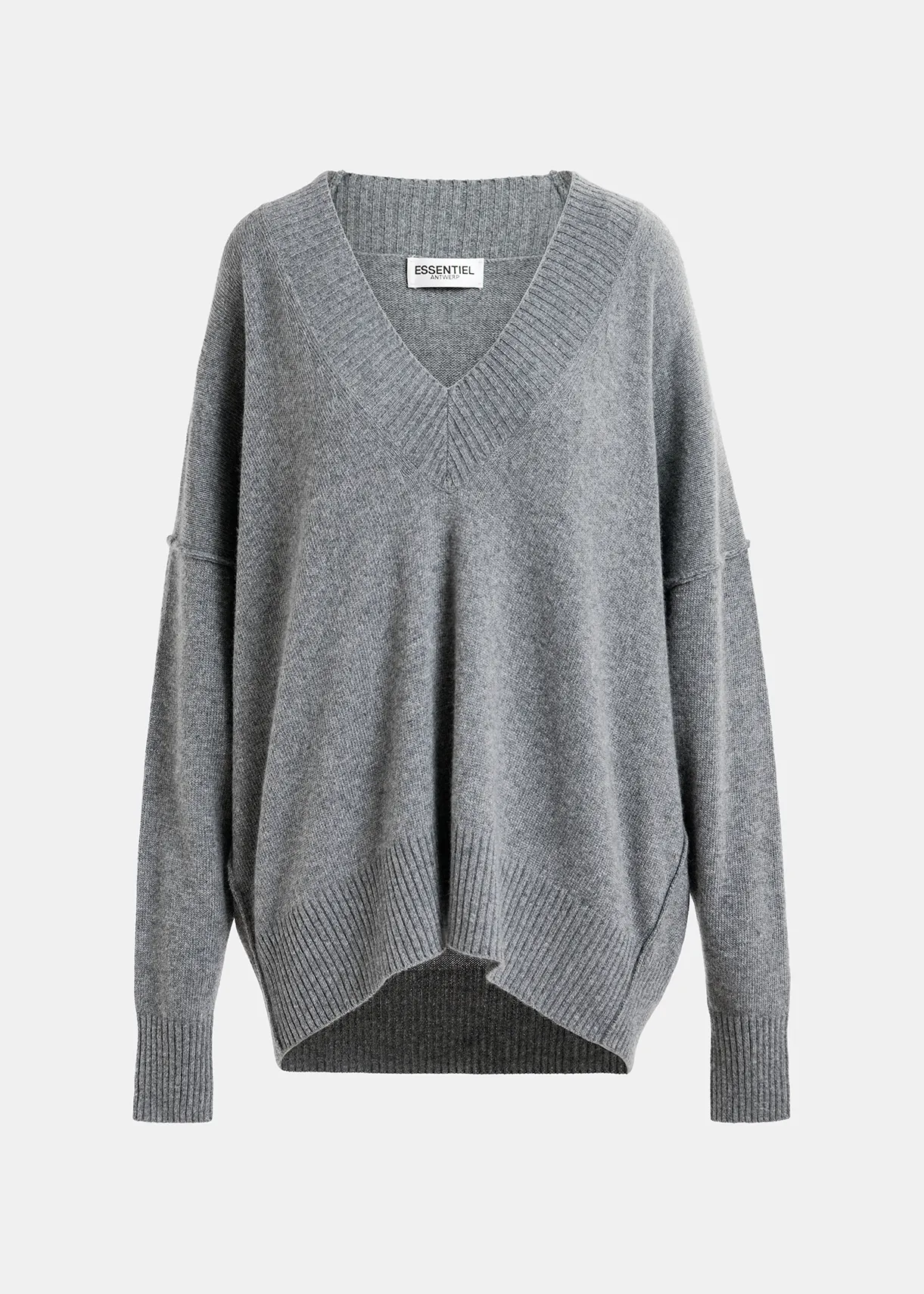 Grey oversized V-neck knit sweater Essentiel Antwerp United States