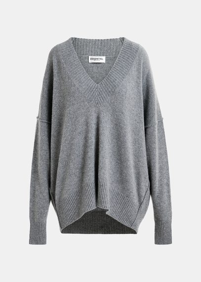 Grey oversized V-neck knit sweater