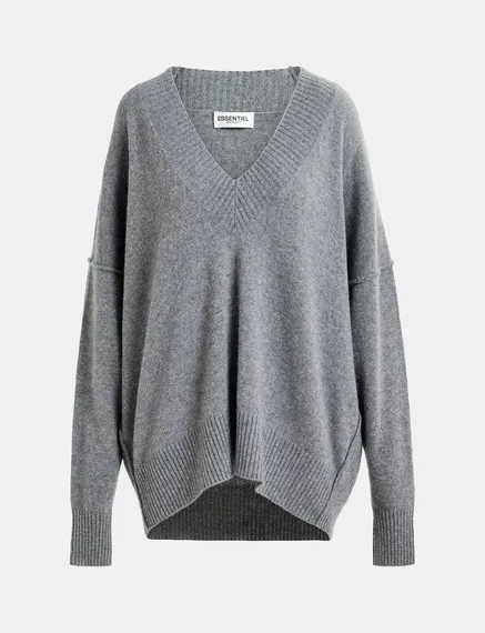 Grey oversized V-neck knit sweater