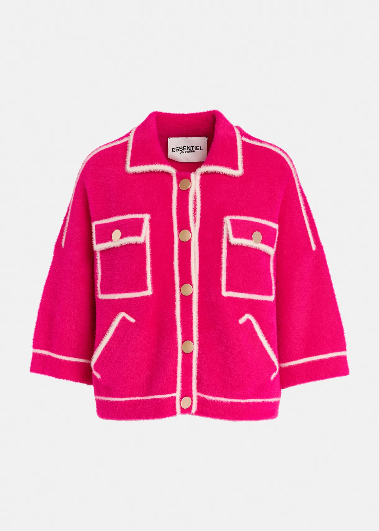 Fuchsia fuzzy knitted cardigan Essentiel Antwerp Belgium