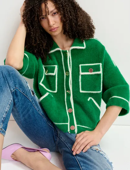 Green fuzzy knitted cardigan