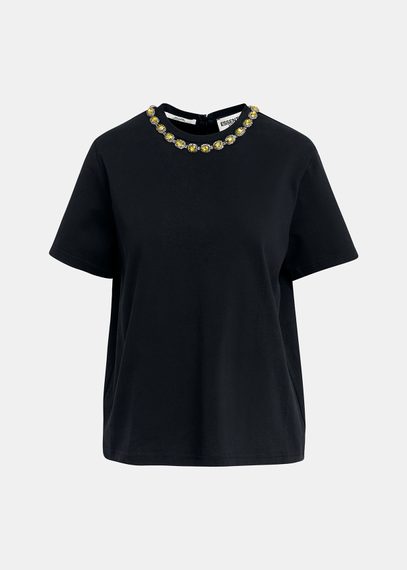 Black cotton T-shirt with rhinestone-embellished neckline